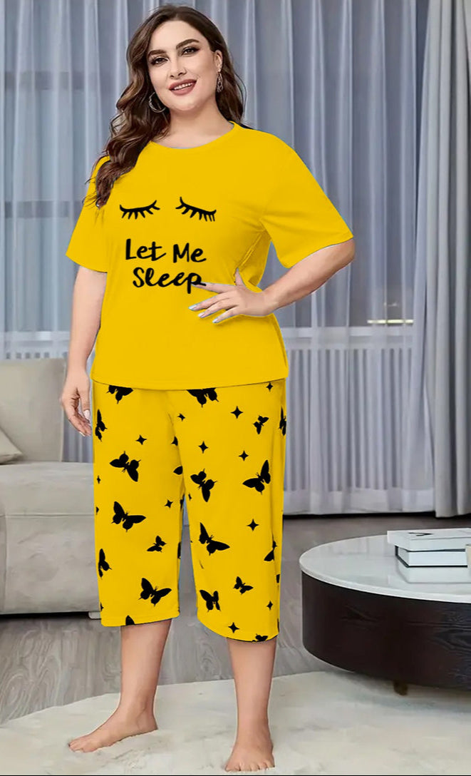Yellow Let Me Sleep Printed Half-Sleeved Vest For Leisure Home Wear Female Sleepwear Night Dress