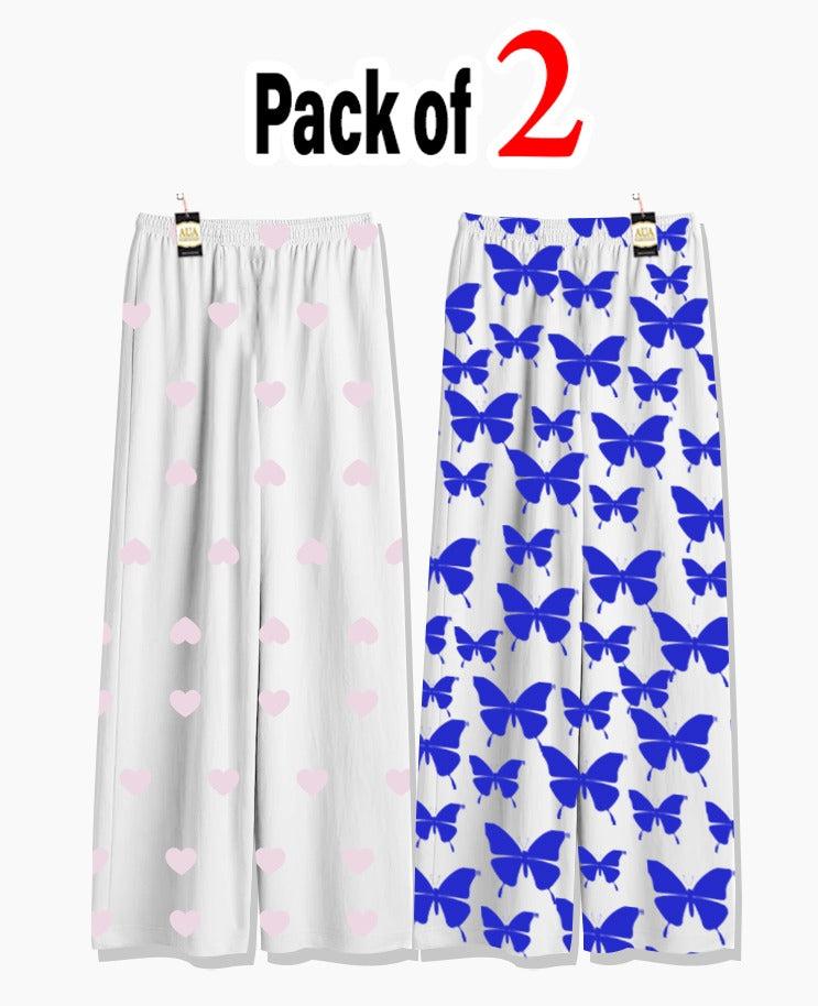 ARA CLOSETS Pack of 2 Women's Nightwear Pajama Set - Baby Pink Mini Heart & Dark Blue trouser Print
