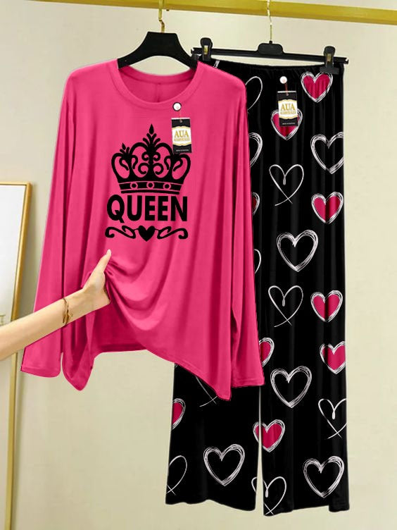 Queen Printed Pink Color Heart Printed Trouser Lounge wear Nightwear Sleepwear With Heart Prinred Trouser For Women (004)