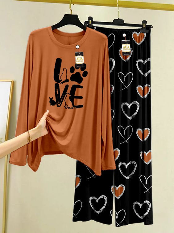 Love Printed Beige Color Heart Printed Trouser Lounge wear Nightwear Sleepwear With Heart Prinred Trouser For Women (004)