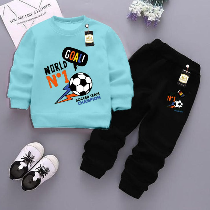 Sky Blue and Black (Goal No 1 ) Printed Kids Tracksuit for Winter