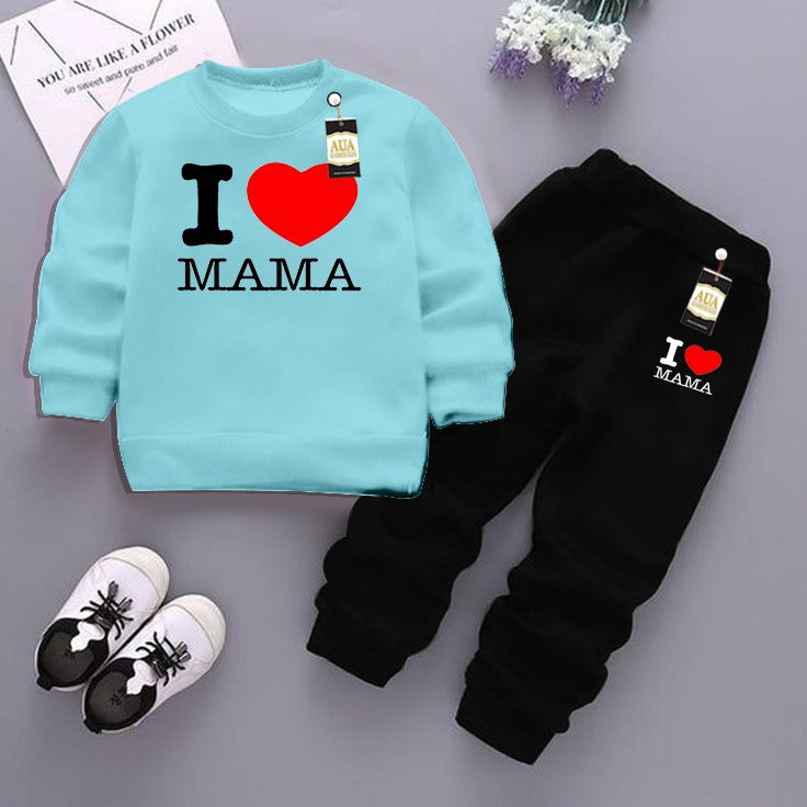 Sky Blue and Black (i love Mama) Printed Kids Tracksuit for Winter