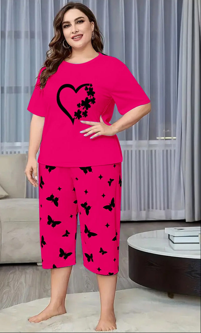Dark Pink Women heart Printed Half-Sleeved Vest For Leisure Home Wear Female Sleepwear Night Dress