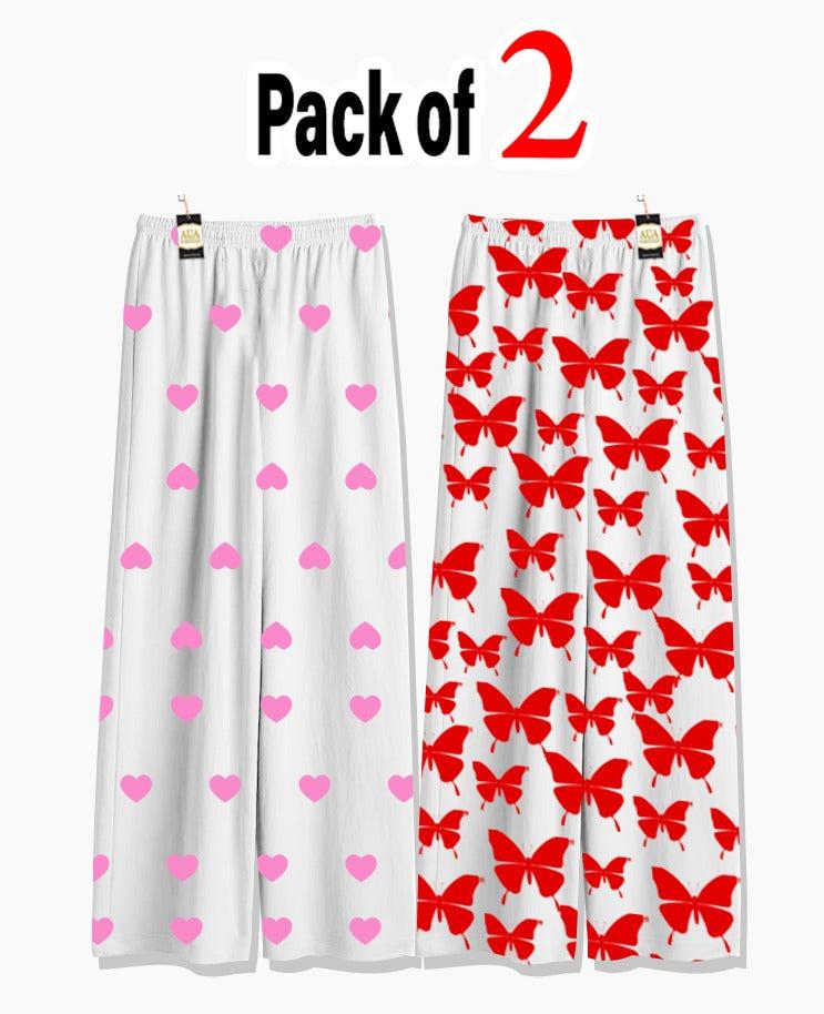 Pack of 2 Women's Nightwear Pajama Set - Baby Pink Mini Heart & Red Butterfly trouser Print