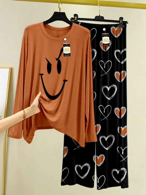 Smile Face Printed Beige Color Heart Printed Trouser Lounge wear Nightwear Sleepwear With Heart Prinred Trouser For Women By Araclosets (004)