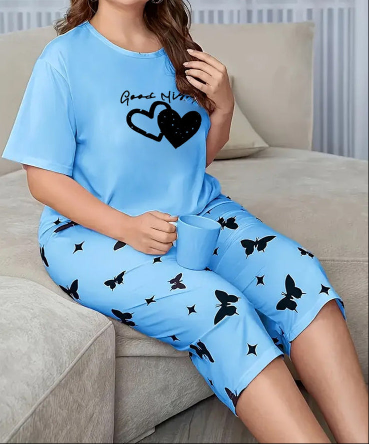 Sky blue Double heart Printed Half-Sleeved Vest For Leisure Home Wear Female Sleepwear Night Dress