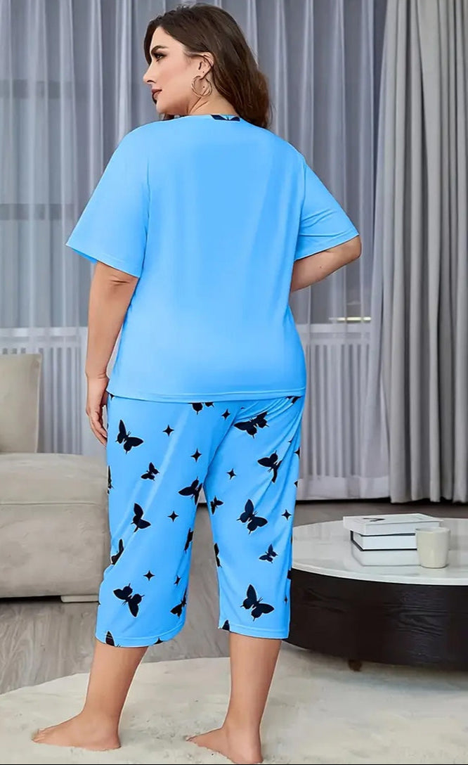 Sky blue Double heart Printed Half-Sleeved Vest For Leisure Home Wear Female Sleepwear Night Dress