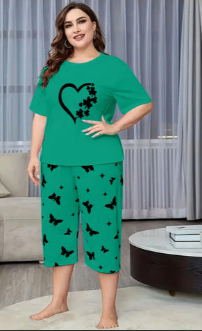 Green Women Heart Printed Half-Sleeved Vest For Leisure Home Wear Female Sleepwear Night Dress By Ara Closets