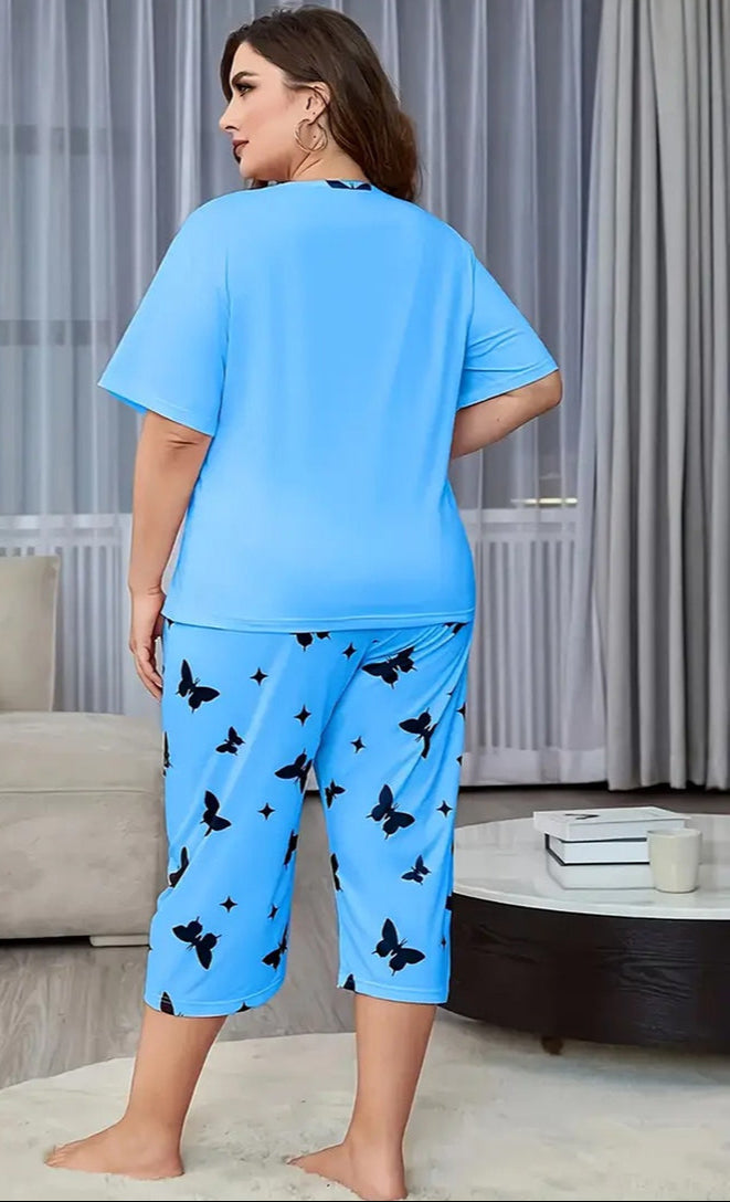 Sky Blue Love Printed Half-Sleeved Vest For Leisure Home Wear Female Sleepwear Night Dress