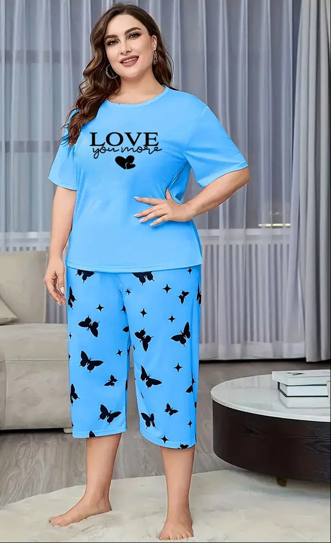 Sky Blue Love Printed Half-Sleeved Vest For Leisure Home Wear Female Sleepwear Night Dress