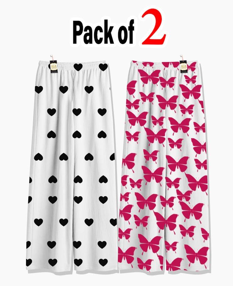 Pack of 2 Women's Nightwear Pajama Set - Black Mini Heart & Pink Butterfly Print
