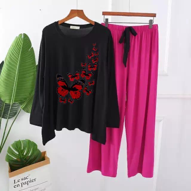 Elegant Butterfly Cascade Graphic Pajama Set