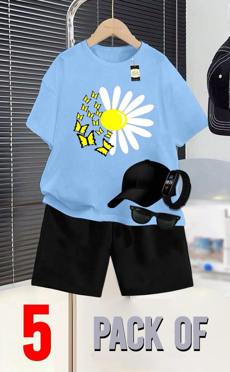 SKY BLUE AND BLACK _SUMMER COLLECTION FOR KIDS_ _PACK OF 5_ _T SHIRT & SHORT CAP GLASSES & WATCH_❤️