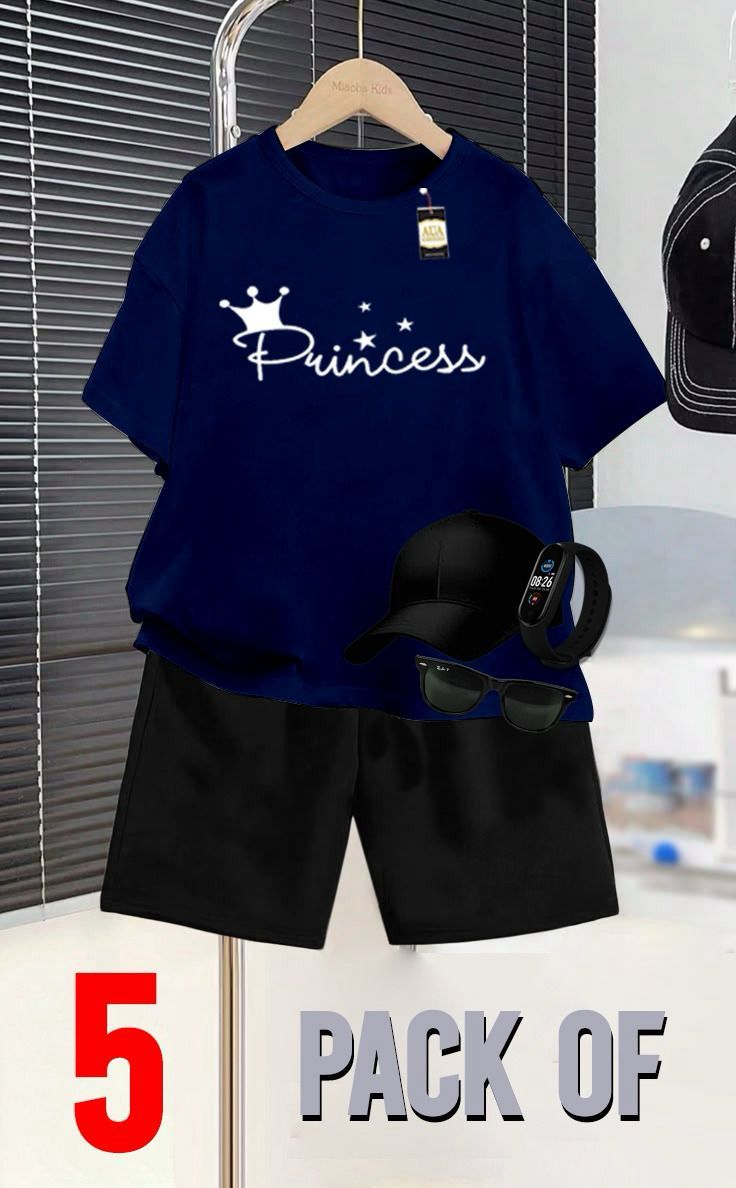 NAVY BLUE AND BLACK _SUMMER COLLECTION FOR KIDS_ _PACK OF 5_ _T SHIRT & SHORT CAP GLASSES & WATCH_❤️