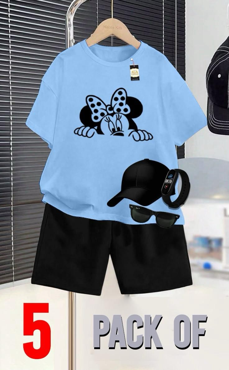 SKY BLUE AND BLACK _SUMMER COLLECTION FOR KIDS_ _PACK OF 5_ _T SHIRT & SHORT CAP GLASSES & WATCH_❤️