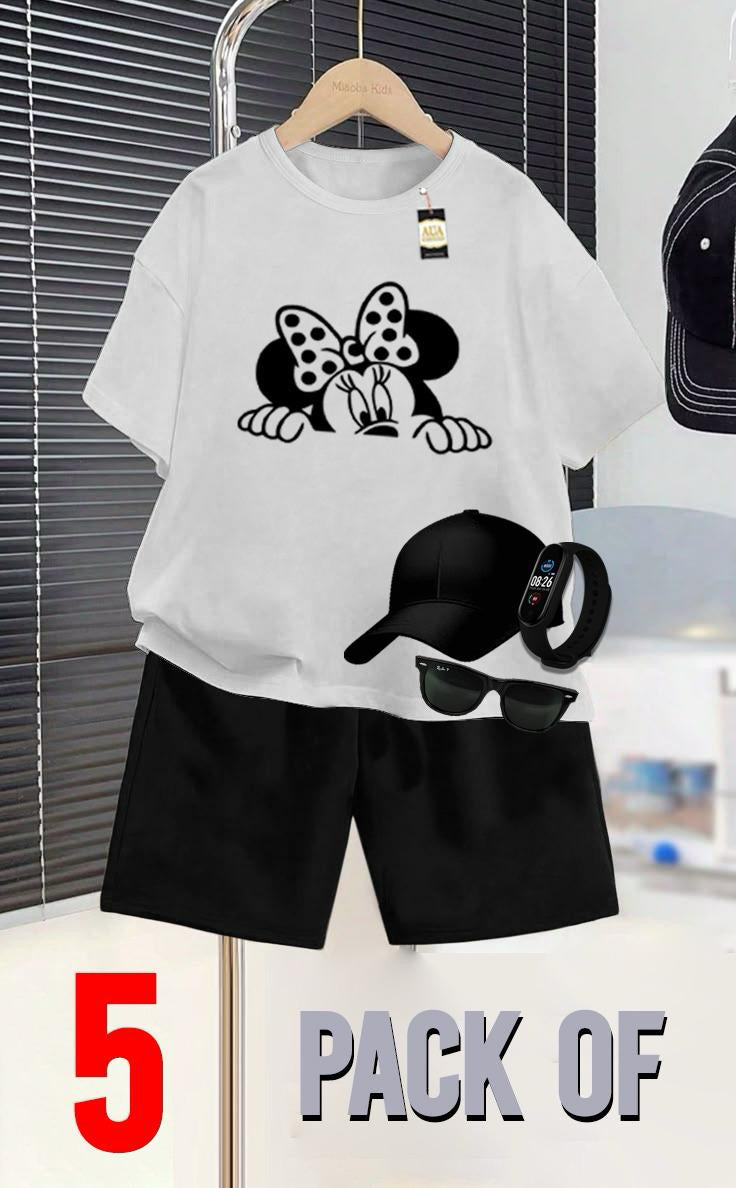 WHITE AND BLACK _SUMMER COLLECTION FOR KIDS_ _PACK OF 5_ _T SHIRT & SHORT CAP GLASSES & WATCH_❤️