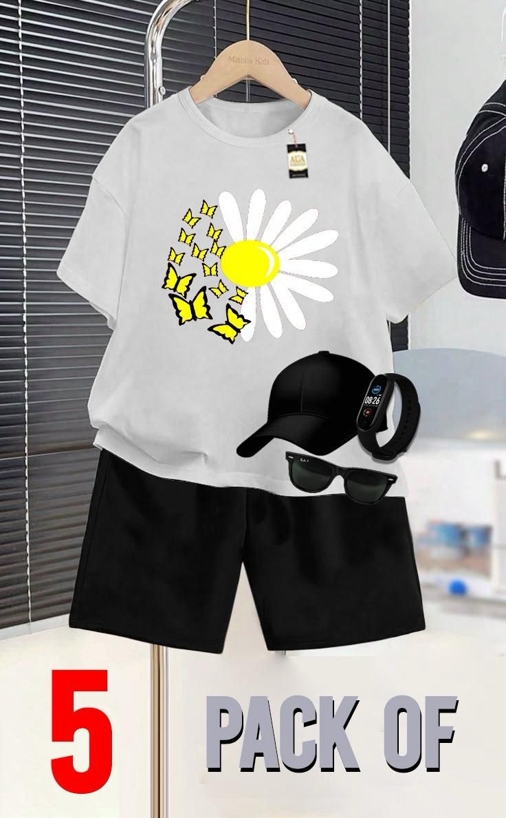 WHITE AND BLACK _SUMMER COLLECTION FOR KIDS_ _PACK OF 5_ _T SHIRT & SHORT CAP GLASSES & WATCH_❤️