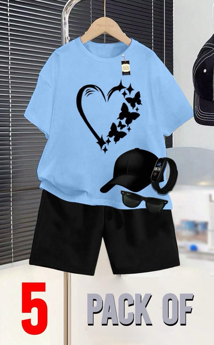 SKY BLUE AND BLACK _SUMMER COLLECTION FOR KIDS_ _PACK OF 5_ _T SHIRT & SHORT CAP GLASSES & WATCH_❤️