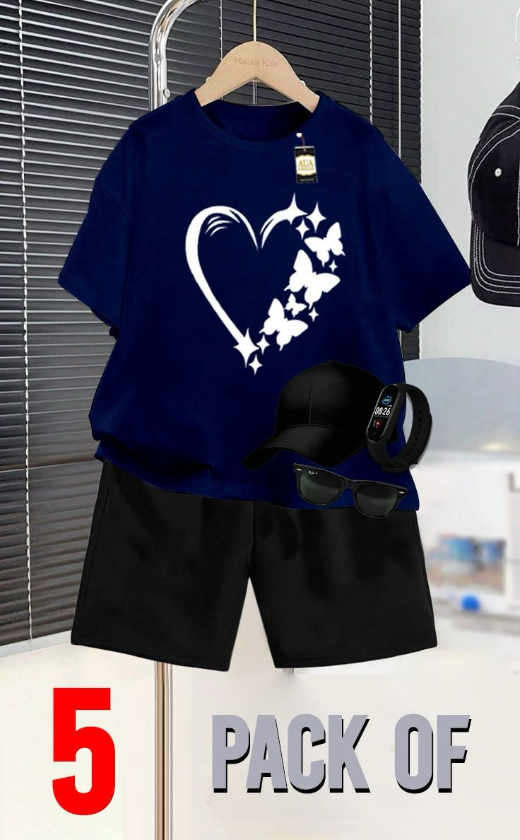 NAVY BLUE AND BLACK _SUMMER COLLECTION FOR KIDS_ _PACK OF 5_ _T SHIRT & SHORT CAP GLASSES & WATCH_❤️