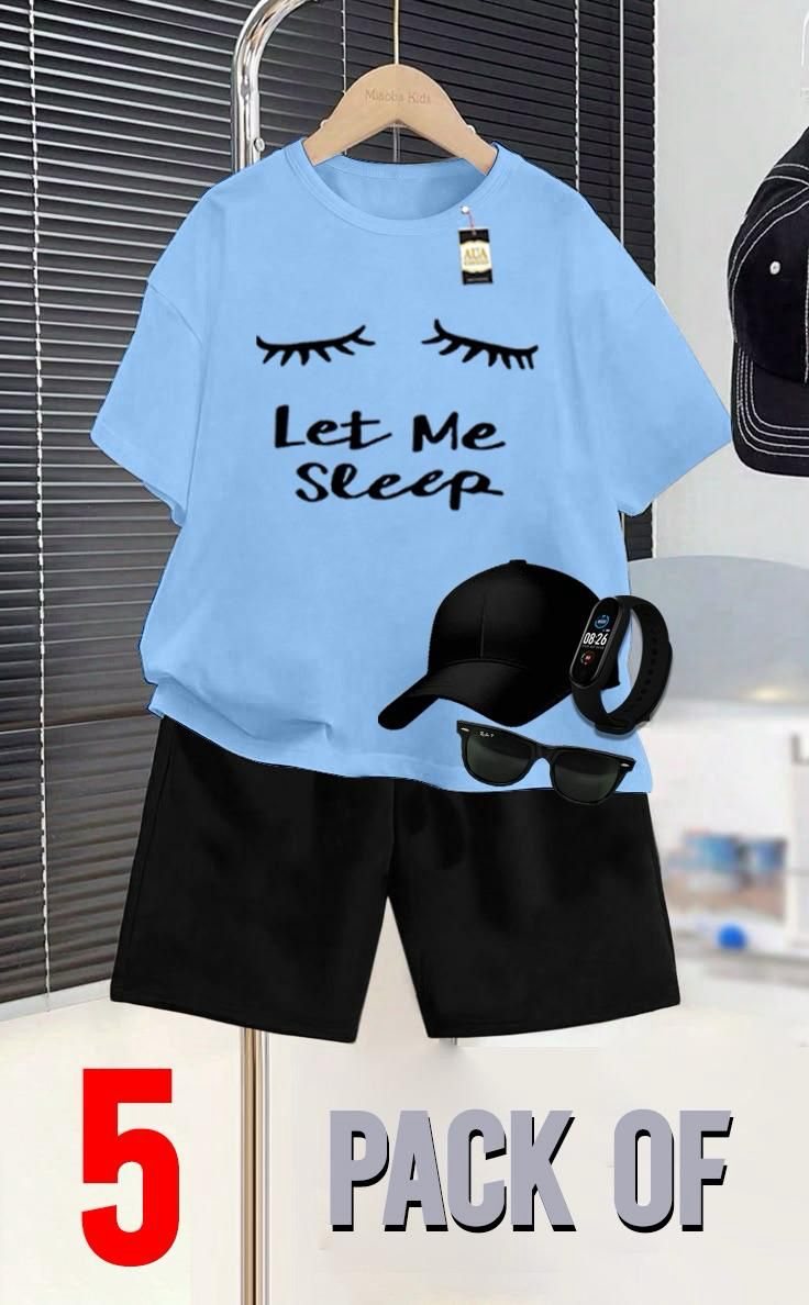 SKY BLUE AND BLACK _SUMMER COLLECTION FOR KIDS_ _PACK OF 5_ _T SHIRT & SHORT CAP GLASSES & WATCH_❤️