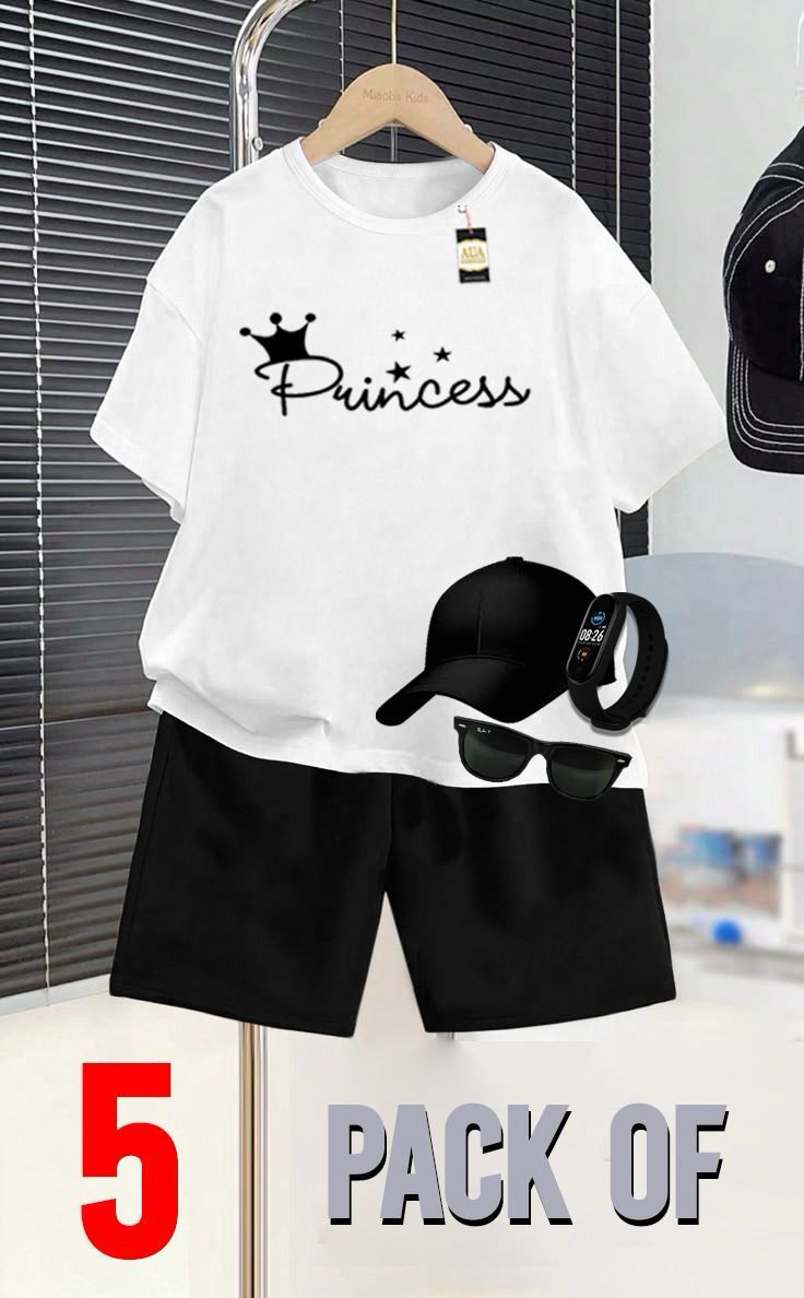 WHITE AND BLACK _SUMMER COLLECTION FOR KIDS_ _PACK OF 5_ _T SHIRT & SHORT CAP GLASSES & WATCH_❤️