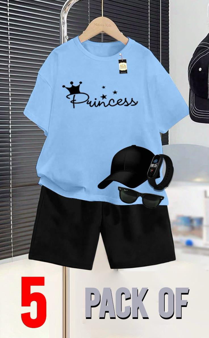 SKY BLUE AND BLACK _SUMMER COLLECTION FOR KIDS_ _PACK OF 5_ _T SHIRT & SHORT CAP GLASSES & WATCH_❤️