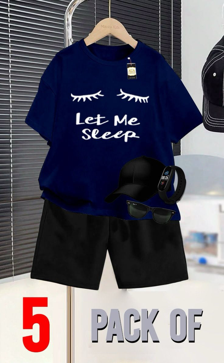NAVY BLUE AND BLACK _SUMMER COLLECTION FOR KIDS_ _PACK OF 5_ _T SHIRT & SHORT CAP GLASSES & WATCH_❤️