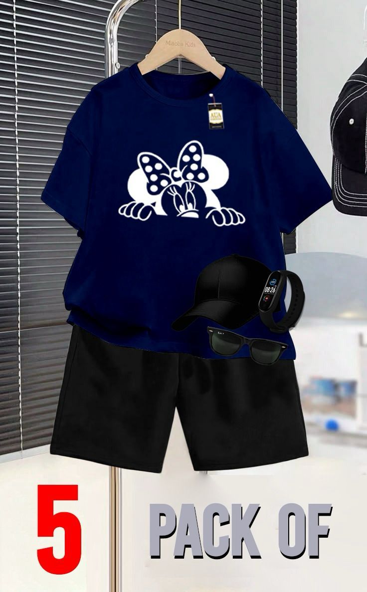 NAVY BLUE AND BLACK _SUMMER COLLECTION FOR KIDS_ _PACK OF 5_ _T SHIRT & SHORT CAP GLASSES & WATCH_❤️