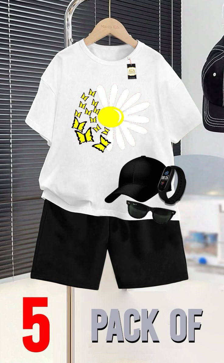 WHITE AND BLACK _SUMMER COLLECTION FOR KIDS_ _PACK OF 5_ _T SHIRT & SHORT CAP GLASSES & WATCH_❤️