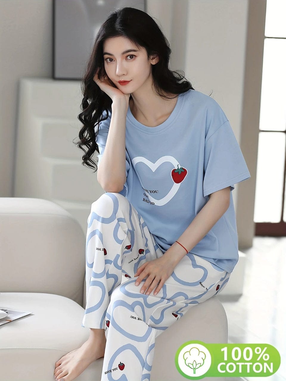 Women's "Love You" Heart & Strawberry Print Cotton Pajama Set
