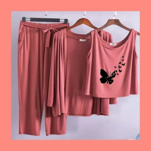 Elegant 3-Piece Dusty Pink Pajama Set - Butterfly Silhouette