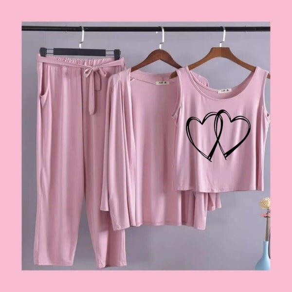 Women's 3-Piece Dusty Pink Pajama Set with Intertwined Hearts