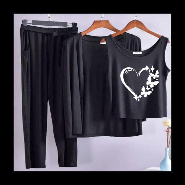 Women's 3-Piece Dusty Pink Pajama Set - Butterfly Heart Graphic