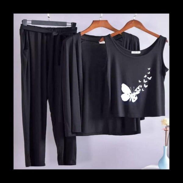Elegant 3-Piece Dusty Pink Pajama Set - Butterfly Silhouette