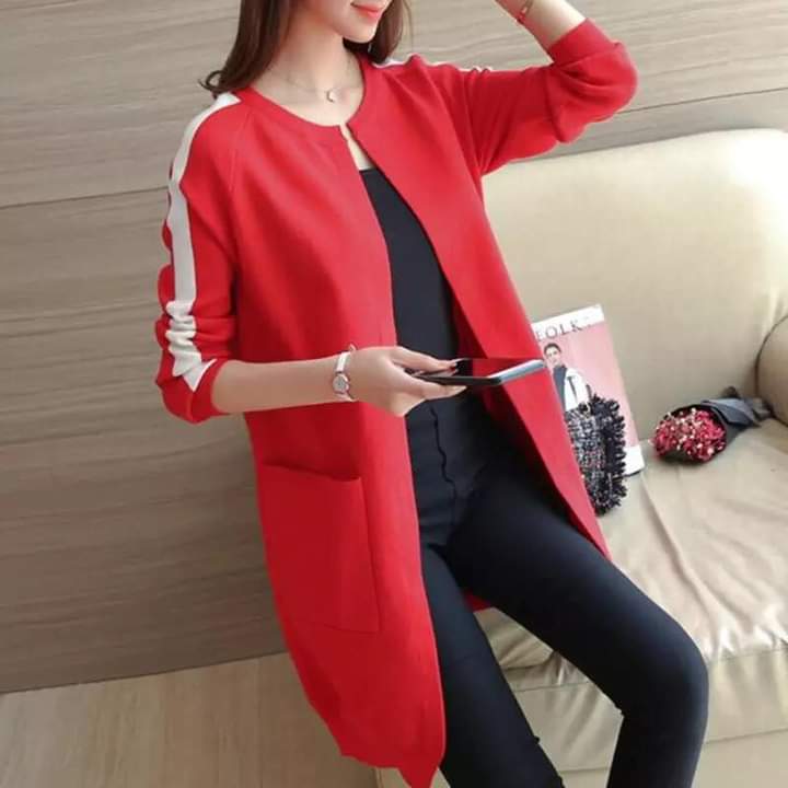 Women's Long White Sleeve Stripes - Stylish Open-Front Coat
