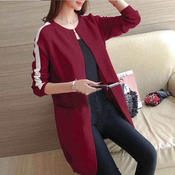 Women's Long White Sleeve Stripes - Stylish Open-Front Coat