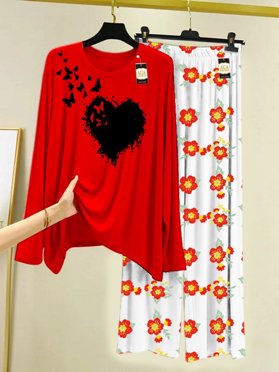 Heart Butterfly Printed Nightwear Set with Flower Printed Trousers – Women's Lounge Wear (005)