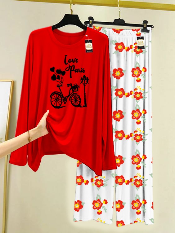Love Paris Cycle Printed Nightwear Set with Flower Printed Trousers – Women's Lounge Wear (005)
