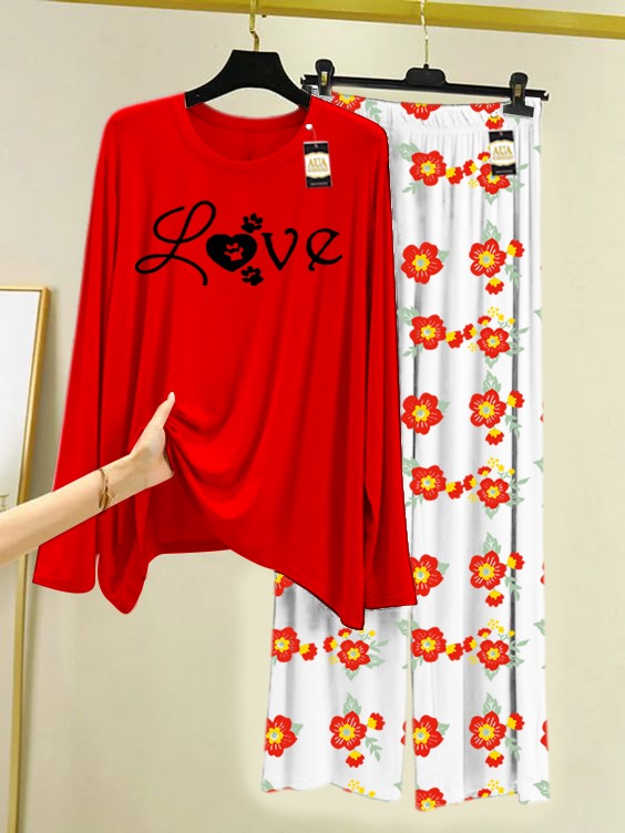Red Love Printed Nightwear Set with Flower Printed Trousers – Women's Lounge Wear (005)