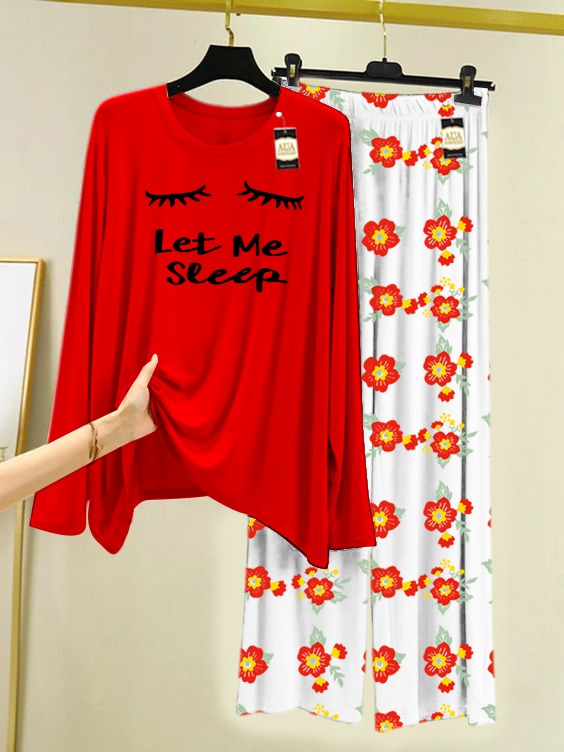 Red Let Me Sleep Printed Nightwear Set with Flower Printed Trousers – Women's Lounge Wear (005)