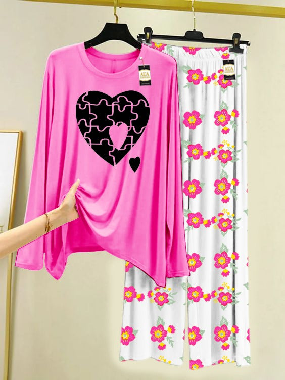 Pink Puzzel Printed Nightwear Set with Flower Printed Trousers – Women's Lounge Wear (005)