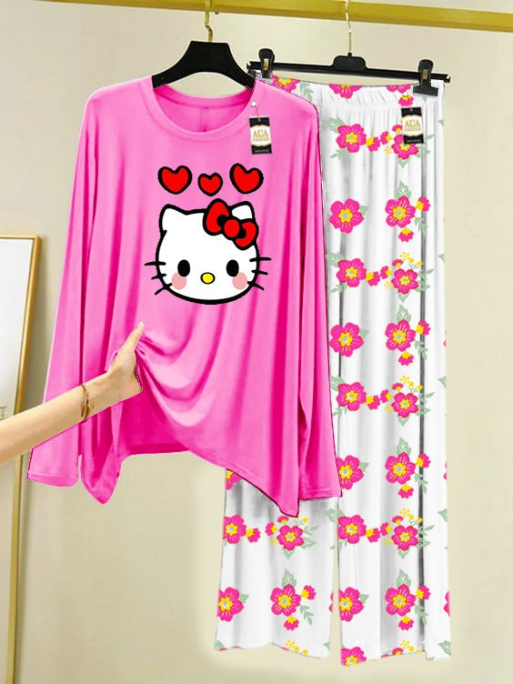 Pink Hello Kitty Printed Nightwear Set with Flower Printed Trousers – Women's Lounge Wear (005)