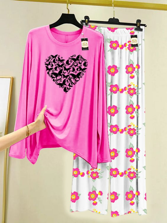 Pink Butterfly Heart Printed Nightwear Set with Flower Printed Trousers – Women's Lounge Wear (005)