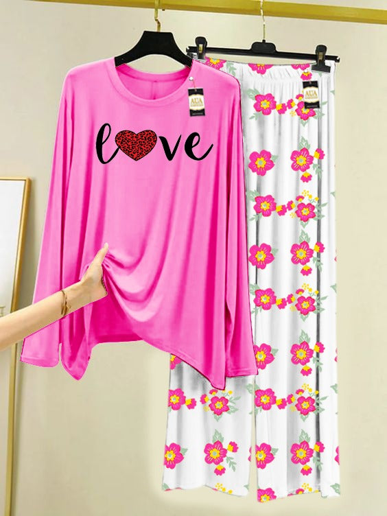 Pink Red Heart LOve Printed Nightwear Set with Flower Printed Trousers – Women's Lounge Wear (005)