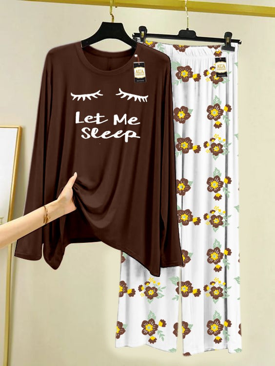 Dark Brown Let Me Sleep Printed Nightwear Set with Flower Printed Trousers – Women's Lounge Wear (005)
