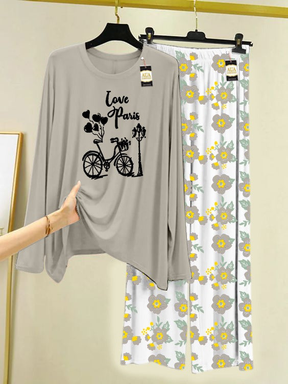 Grey Love Paris cycle Printed Nightwear Set with Flower Printed Trousers – Women's Lounge Wear (005)