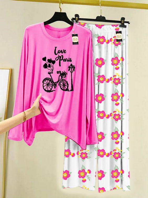 PInk Love Paris Cycle Printed Nightwear Set with Flower Printed Trousers – Women's Lounge Wear (005)
