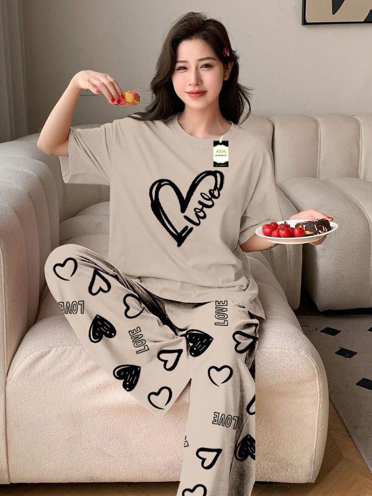 Purple Color Love Heart Printed Capri home wear nightwear (9 Colors)