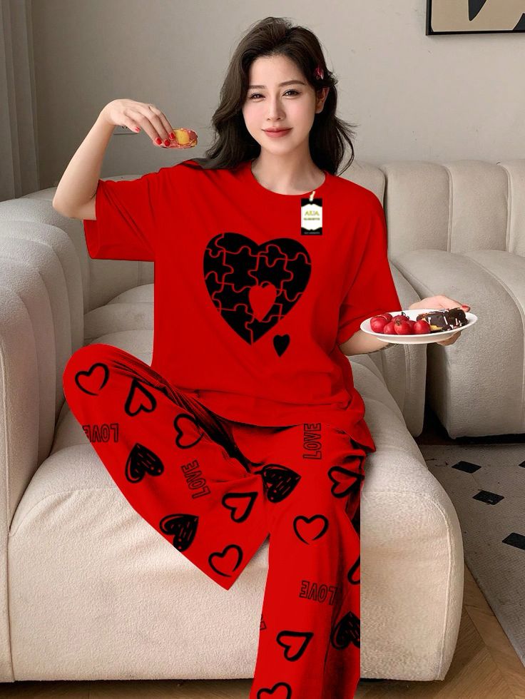 Gray (Copper) Color puzzle Heart Printed Capri home wear nightwear (9 Colors)