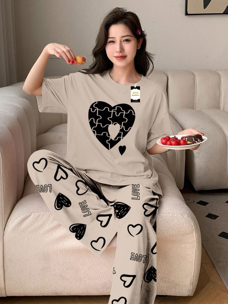 Gray (Copper) Color puzzle Heart Printed Capri home wear nightwear (9 Colors)